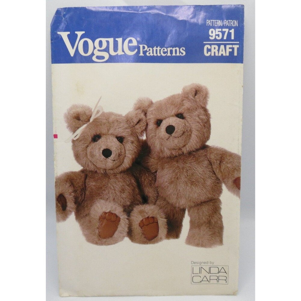 Vogue Patterns 9571 Stuffed Teddy Bear Craft 15" One Size Vintage 1986 Linda